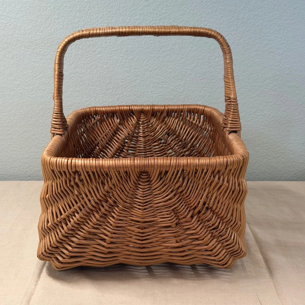 Vintage Wicker Gathering Basket Large Handled Market Harvest Basket